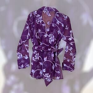 Vintage Jubilation Sheer Purple Floral Embroidered Wrap Top Blouse Small USA